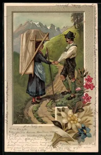 AK Liebespaar in Tracht, Begegnung, Bergblumen
