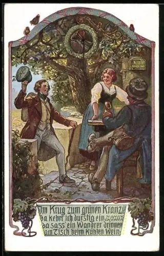 AK Gasthaus Krug zum grünen Kranz mit trinkenden Gästen
