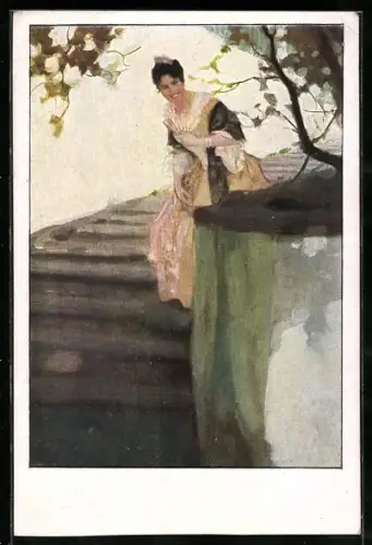 AK Dame mit Fächer auf einer Treppe im Park