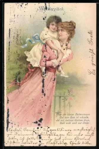 AK Junge Mutter mit Kind auf dem Rücken, Mutterglück