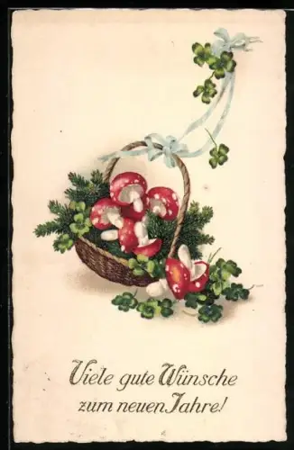 AK Korb mit Fliegenpilzen, Tannenzweigen u. Glücksklee, Neujahrsgruss