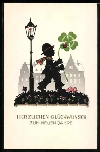 AK Kleiner Wanderer mit Fliegenpilz, Glückskleeblatt und Marienkäfer, Neujahrsgruss