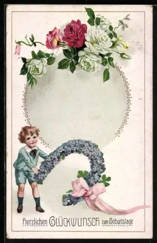 AK Knabe mit Vergissmeinnicht-Hufeisen, Rosen, Blumenbild, Geburtstagsgruss