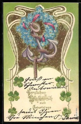 Präge-AK Anker und Kranz aus Vergissmeinnicht, Glücksklee, Geburtstagsgruss