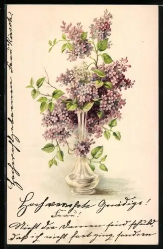 AK Gläserne Vase mit Flieder
