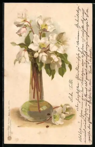 AK Gläserne Vase mit weissen Blumen