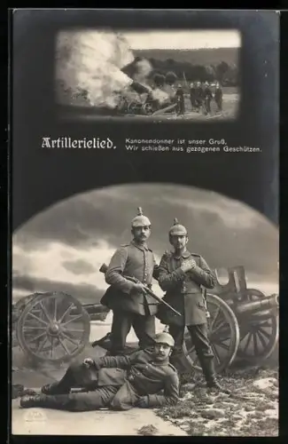 Foto-AK Artillerielied, Artilleristen mit Geschütz in Feuerstellung, Geschütz wird abgefeuert
