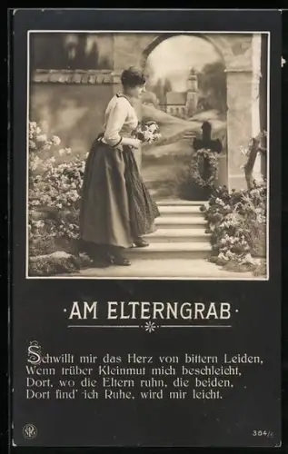 AK Junge Frau mit Blumen am Elterngrab, Gedicht