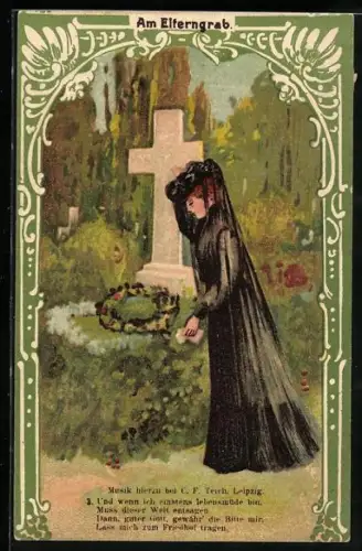 AK Am Elterngrab, Trauernde in Schwarz am frischen Grab, Gedicht, Vers 3