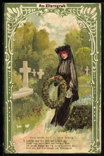 AK Trauernde Frau mit Kranz am Elterngrab