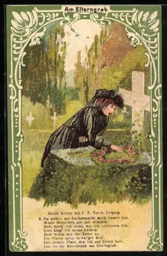 AK Am Elterngrab, Trauernde in Schwarz ordnet Blumen, Gedicht, Vers 2