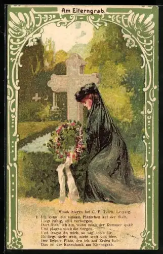 AK Am Elterngrab, Trauernde in Schwarz mit Kranz, Gedicht, Vers 1