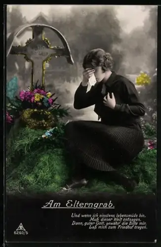 AK Am Elterngrab, WeinendeTrauernde in Schwarz, Gedichtvers