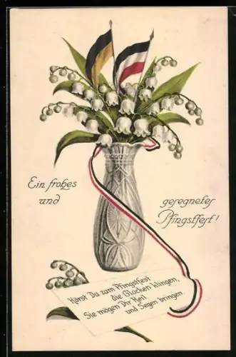 AK Ein frohes & gesegnetes Pfingstfest, Blumenvase mit Maiglöckchen, Zweibund-Fahnen Deutsches Reich & Österreich