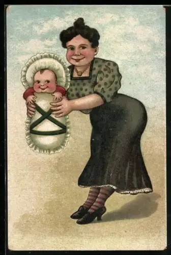 AK Frau hält ihr Baby hoch, Erotik