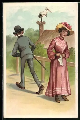 AK Weinende Frau und Mann, Im Hintergrund Storch, Erotik