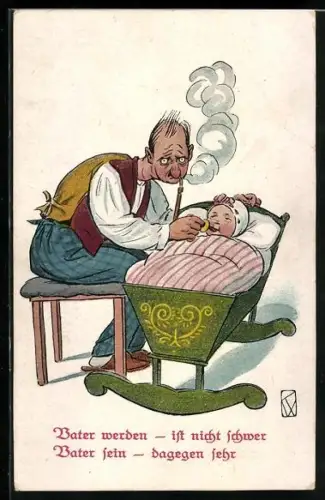 AK Vater raucht an der Wiege von Baby, Erotik