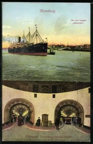 AK Hamburg-St. Pauli, Verkehr im Elbtunnel, Ein- und Ausfahrt Steinwärder, Dampfer