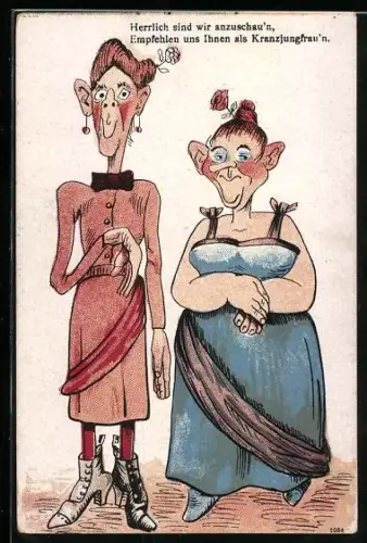 AK Zwei ältere Frauen in Kleidern, frauenfeindlicher Humor