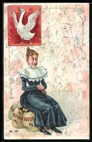 AK Frau sitzt auf Geldsäcken, Gans, frauenfeindlicher Humor