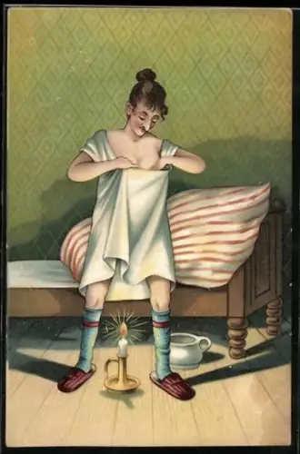 AK Frau im Nachthemd am Bett, frauenfeindlicher Humor