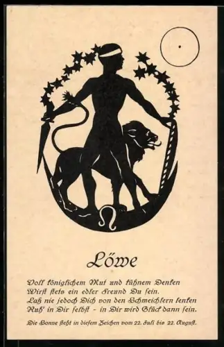 AK Sternzeichen Löwe mit Sinnspruch und einem Krieger der einen Löwen bekämpft