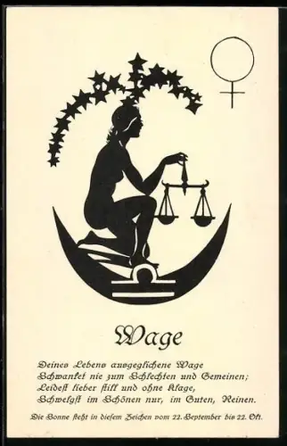 AK Sternzeichen Waage mit einem Sinnspruch und einer Frau die eine Waage hält