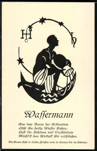 AK Schattenbild, Sternzeichen Wassermann, Aus dem Borne der Erkenntnis...