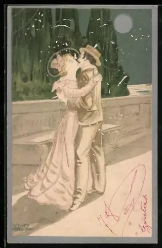 AK Liebespaar küsst sich bei Mondschein