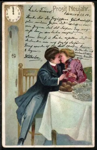 Präge-AK Liebespaar küsst sich am Tisch, Neujahrsgruss