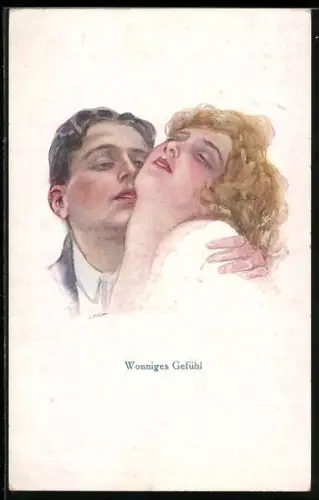 AK wonniges Gefühl, Liebespaar beim innigen Küssen