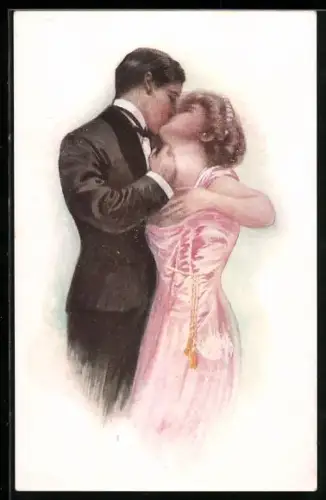 AK Elegantes Liebespaar küsst sich
