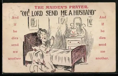 Künstler-AK Frau in geflicktem Nachtgewand betet für einen Mann und Ersatz im Fall eines Todes