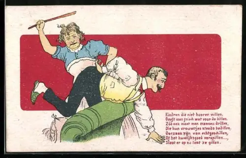 Künstler-AK Frau verprügelt einen Mann mit einem Stock