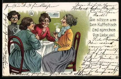 Künstler-AK Vier ältere Damen sitzen am Kaffeetisch und tratschen
