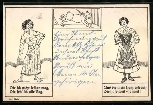 Künstler-AK Gegenüberstellung einer attraktiven Frau mit ihrem unattraktiven Gegenstück