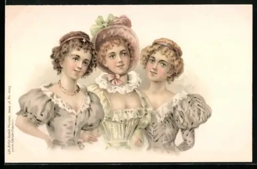 AK Drei junge, hübsche Damen, Biedermeier