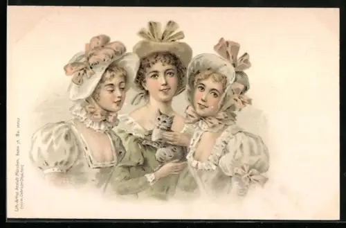 Lithographie Drei hübsche Damen in hellen Kleidern mit Hüten, Jugendstil
