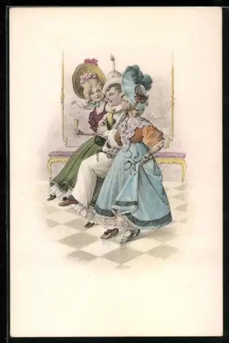 Künstler-AK Zwei junge Damen tanzen mit einem Herren, der eine Schaumweinflasche trägt, Biedermeier
