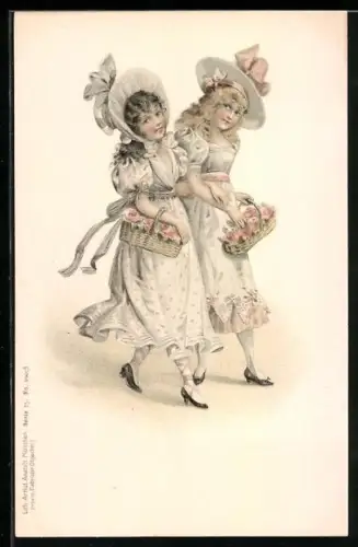 Duft-AK Zwei junge Damen mit Blumenkörben mit Rosenduft