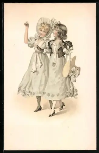 AK Zwei junge, hübsche Damen beim Spaziergang, Biedermeier