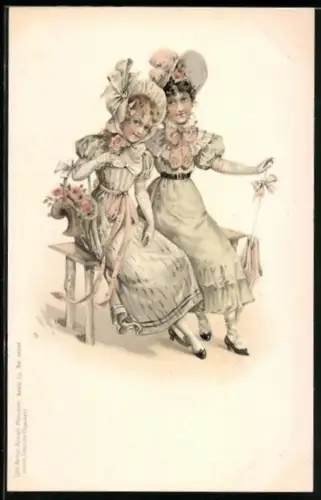Lithographie Zwei junge Damen in grünem Kleid mit Hüten und Schirm, Jugendstil