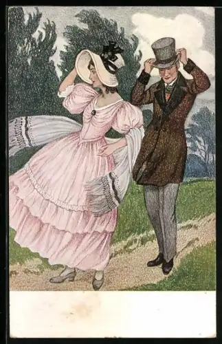 AK Ein Pärchen beim Spaziergang durch den Park, Biedermeier