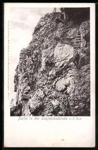 AK Teufelsbadstube a. d. Rax, Bergsteiger auf einem schmalen Weg nach oben