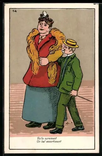 Künstler-AK Kleiner Mann Arm in Arm mit einer grossen Frau