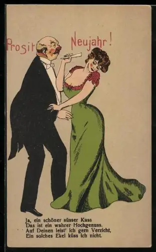 Künstler-AK Attraktive Frau verbittet sich den Kuss eines wenig schönen Mannes