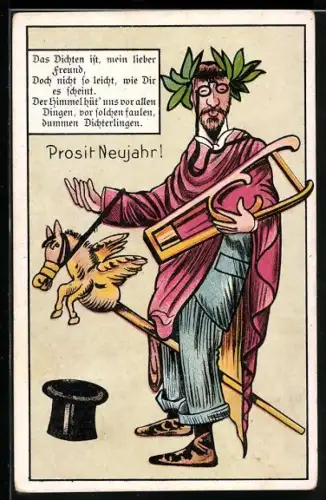 Künstler-AK Der Himmel hüt uns vor solchen faulen, dummen Dichterlingen, Dichter auf Steckenpferd