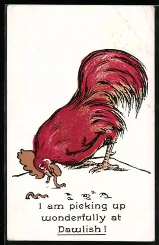Künstler-AK Hahn beim Verspeisen von Würmern