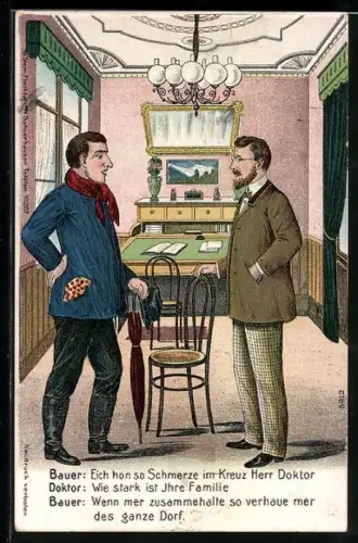 Künstler-AK Bauer besucht einen Arzt