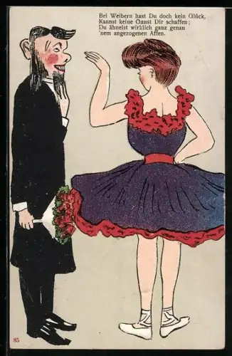 Künstler-AK Hübsche Frau im weiten Kleid weist einen grinsenden Mann mit Blumenstrauss ab